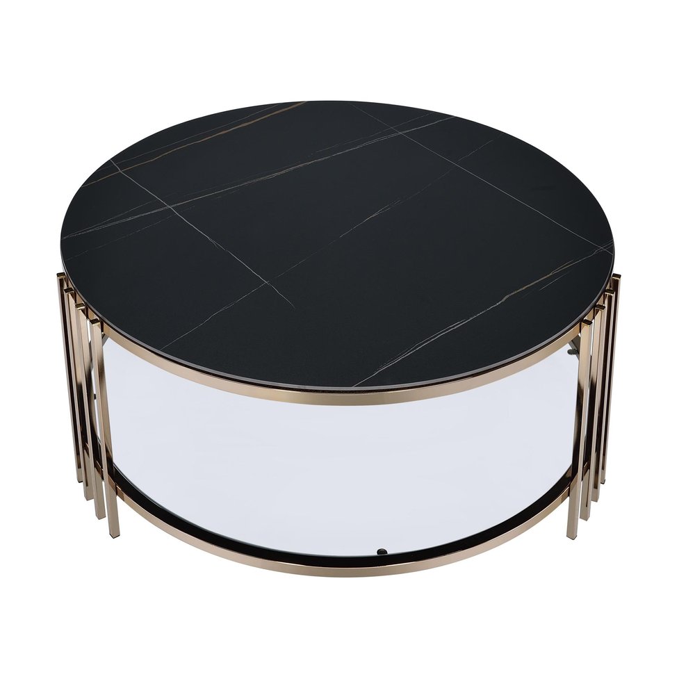 35" Black and Champagne Sintered Stone and Steel Round Coffee Table — view 2
