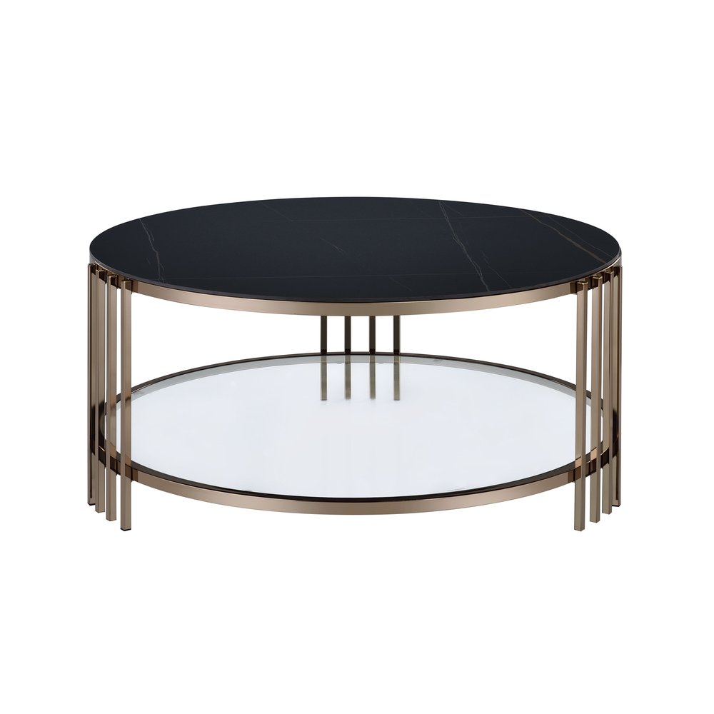 35" Black and Champagne Sintered Stone and Steel Round Coffee Table HomeRoots