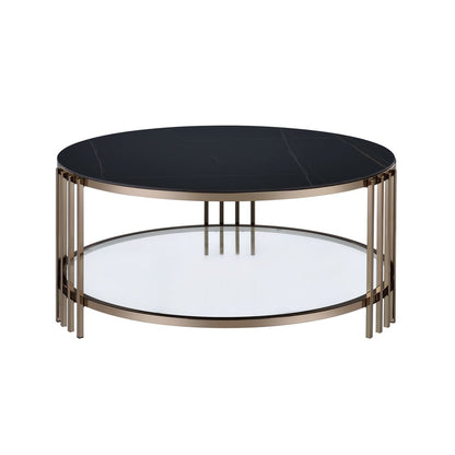35" Black and Champagne Sintered Stone and Steel Round Coffee Table HomeRoots