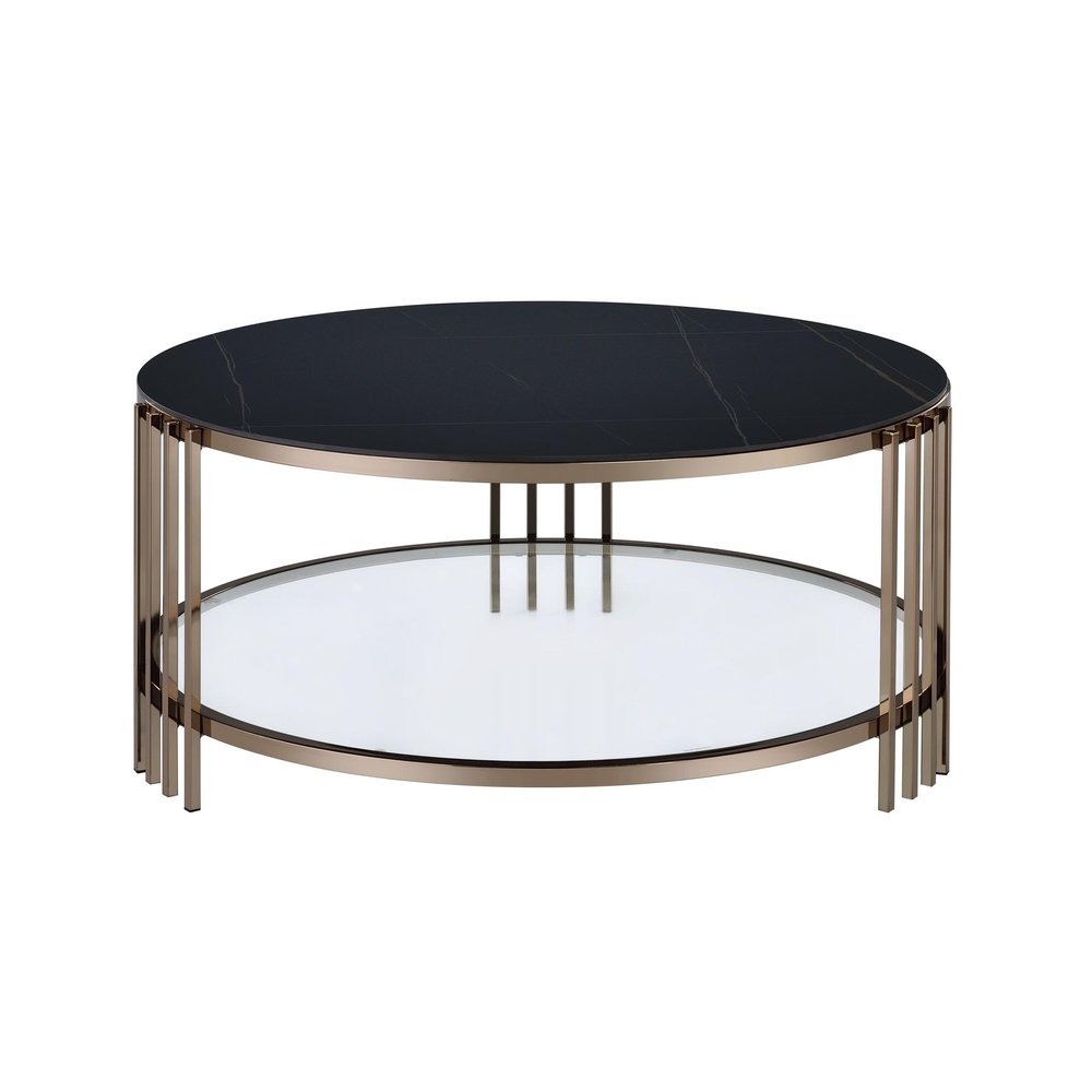 35" Black and Champagne Sintered Stone and Steel Round Coffee Table — view 3