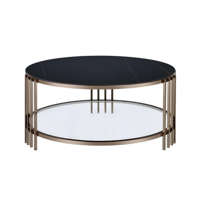 35" Black and Champagne Sintered Stone and Steel Round Coffee Table