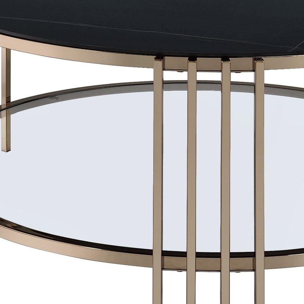 35" Black and Champagne Sintered Stone and Steel Round Coffee Table HomeRoots