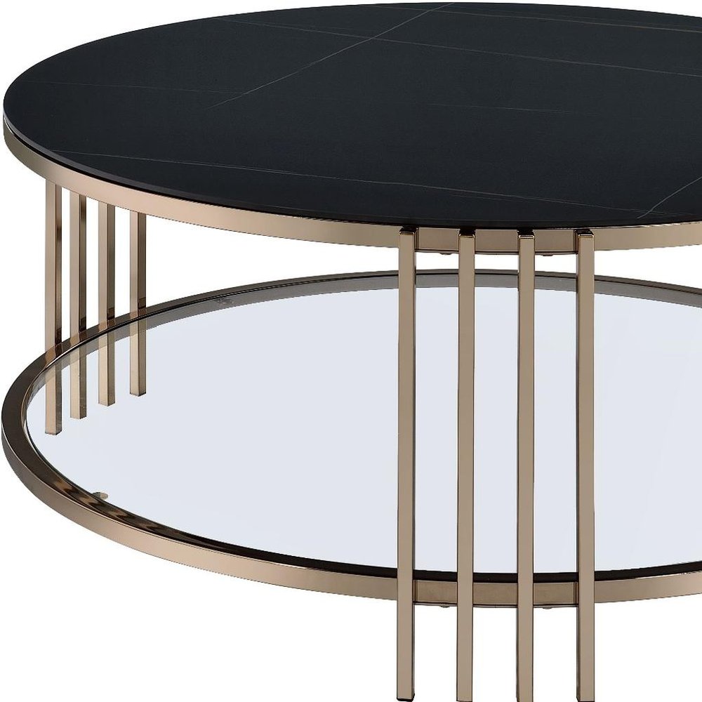 35" Black and Champagne Sintered Stone and Steel Round Coffee Table HomeRoots