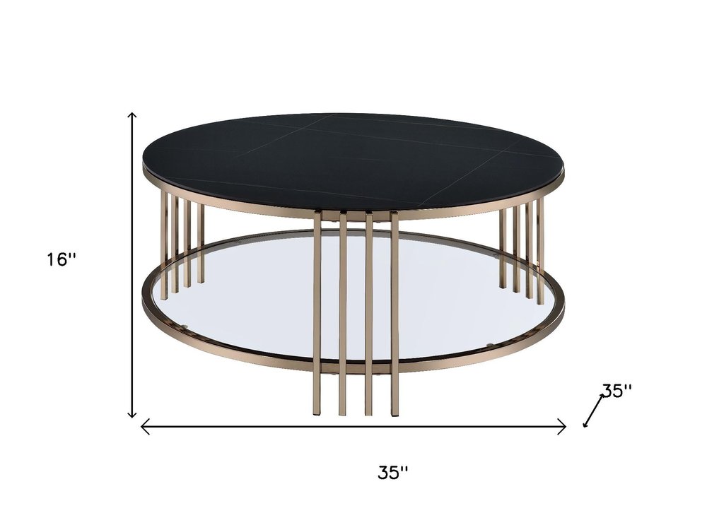 35" Black and Champagne Sintered Stone and Steel Round Coffee Table HomeRoots