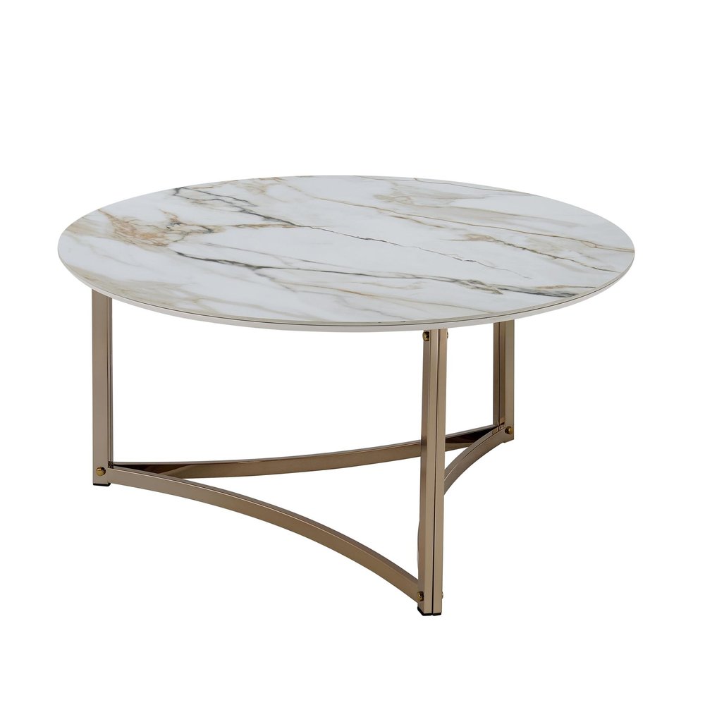 35" White and Champagne Sintered Stone and Steel Round Frame Coffee Table HomeRoots