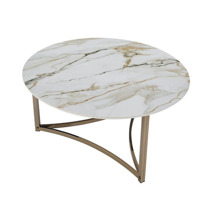 35" White and Champagne Sintered Stone and Steel Round Frame Coffee Table