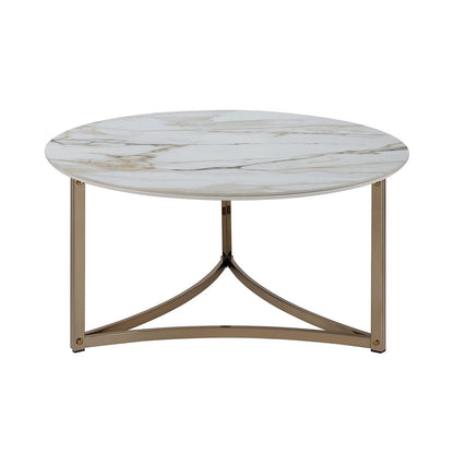 35" White and Champagne Sintered Stone and Steel Round Frame Coffee Table HomeRoots