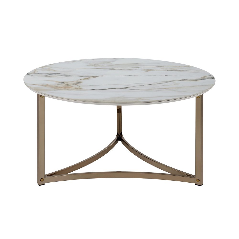 35" White and Champagne Sintered Stone and Steel Round Frame Coffee Table — view 3