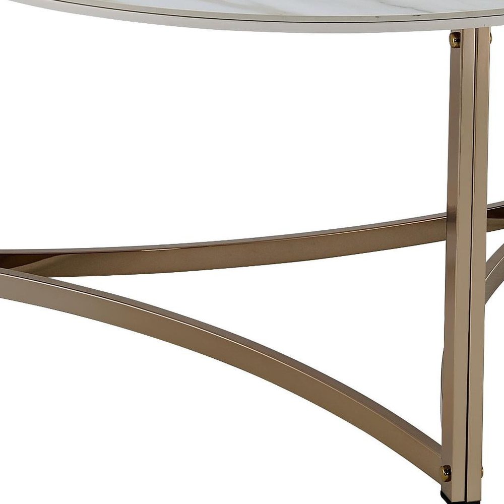35" White and Champagne Sintered Stone and Steel Round Frame Coffee Table — view 4