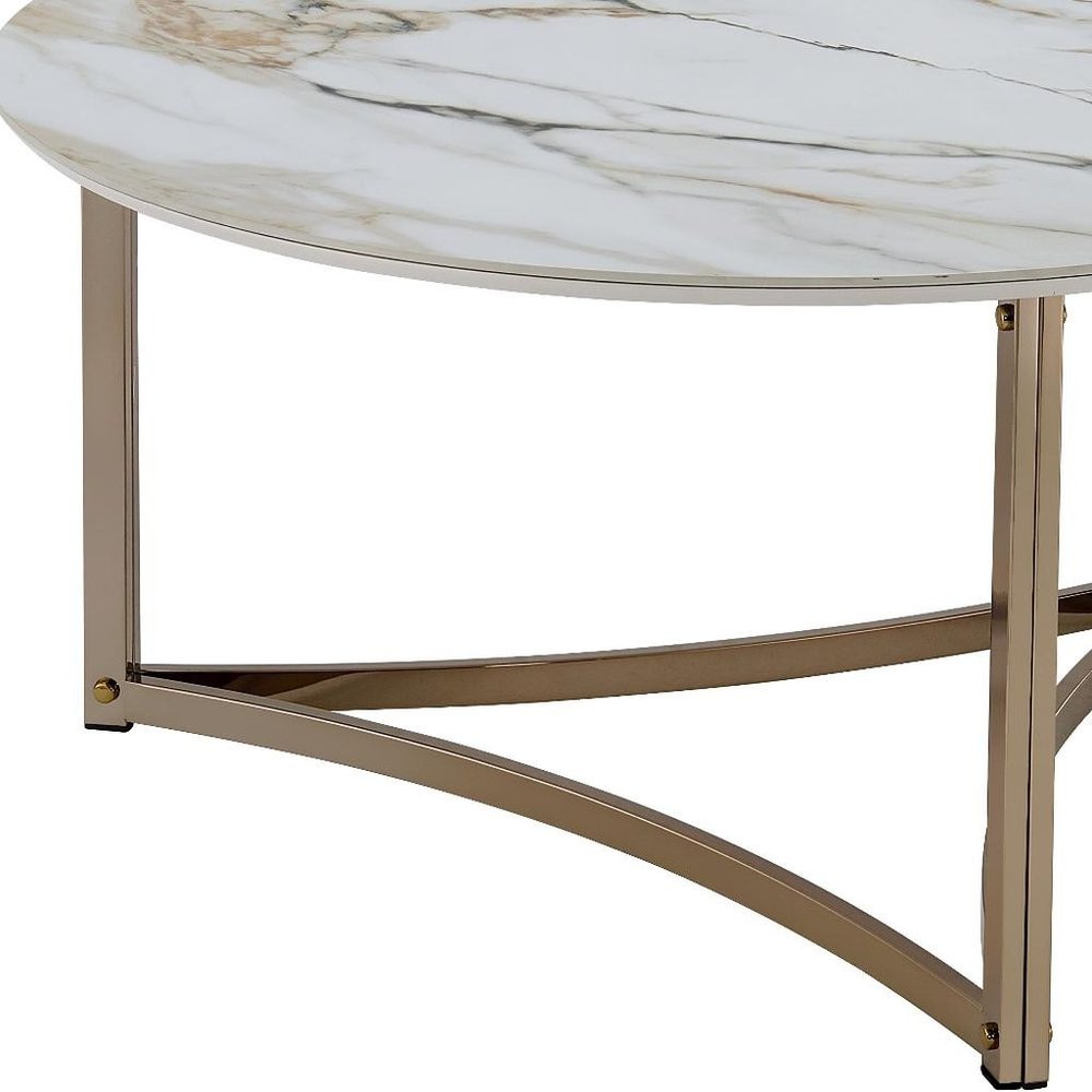 35" White and Champagne Sintered Stone and Steel Round Frame Coffee Table HomeRoots