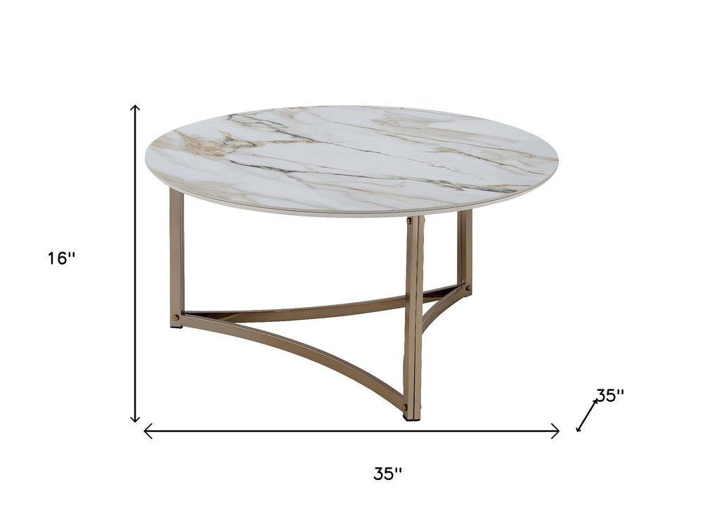 35" White and Champagne Sintered Stone and Steel Round Frame Coffee Table