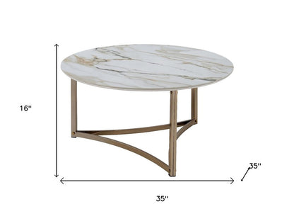 35" White and Champagne Sintered Stone and Steel Round Frame Coffee Table HomeRoots