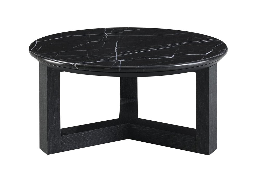 32" Black and White Genuine Marble and Wood Round Cross Legs Coffee Table — view 2