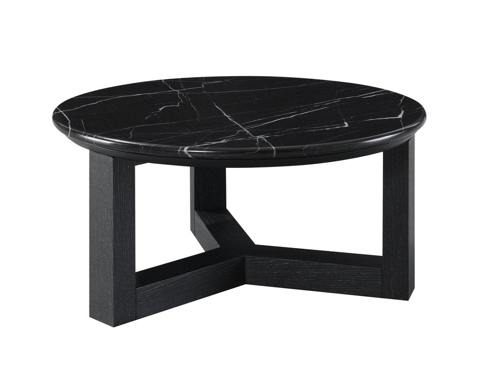 32" Black and White Genuine Marble and Wood Round Cross Legs Coffee Table — view 3