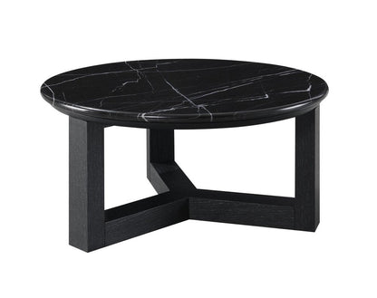 32" Black and White Genuine Marble and Wood Round Cross Legs Coffee Table HomeRoots