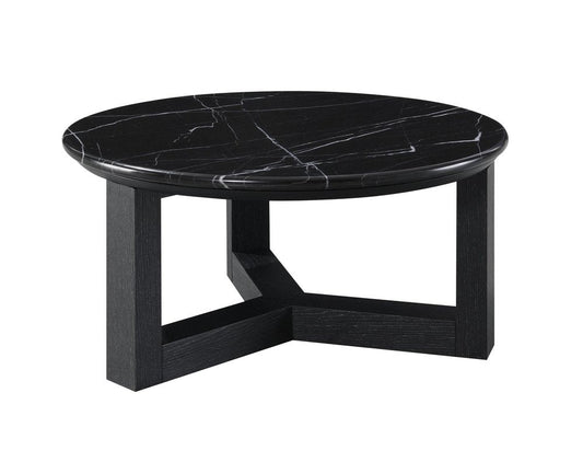 32" Black and White Genuine Marble and Wood Round Cross Legs Coffee Table