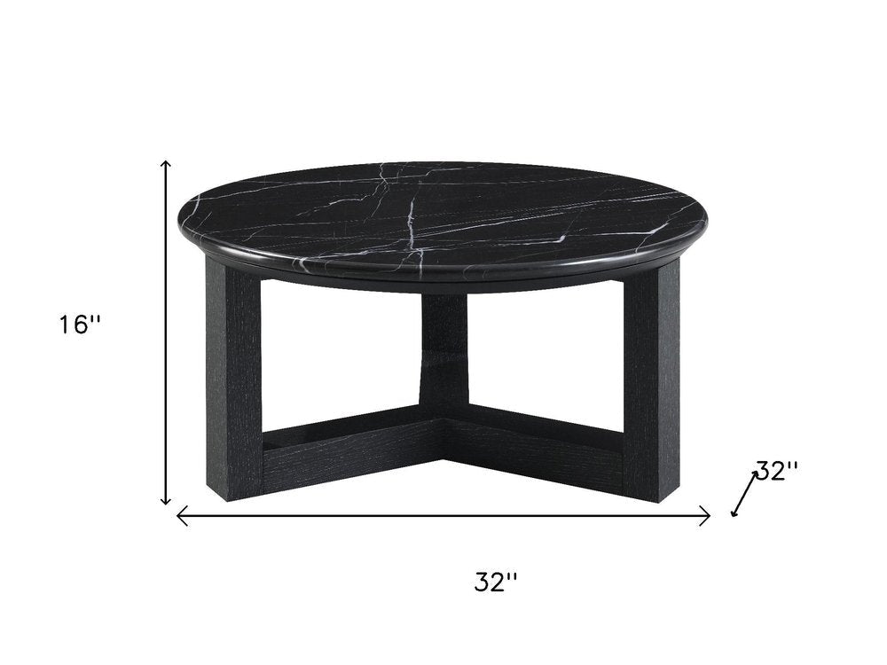 32" Black and White Genuine Marble and Wood Round Cross Legs Coffee Table HomeRoots