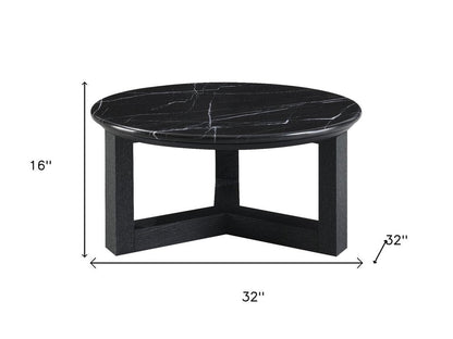 32" Black and White Genuine Marble and Wood Round Cross Legs Coffee Table HomeRoots