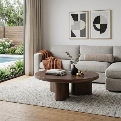 35" Light Gray and Oak Wood Round Coffee Table