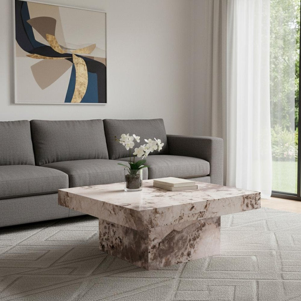 36" Natural Cement Square Pedestal Coffee Table HomeRoots