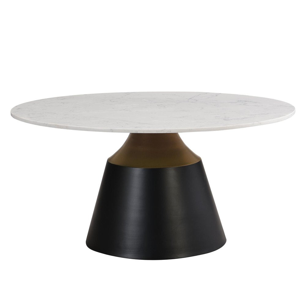 35" White Black and Gold Faux Marble and Steel Round Pedestal Coffee Table HomeRoots