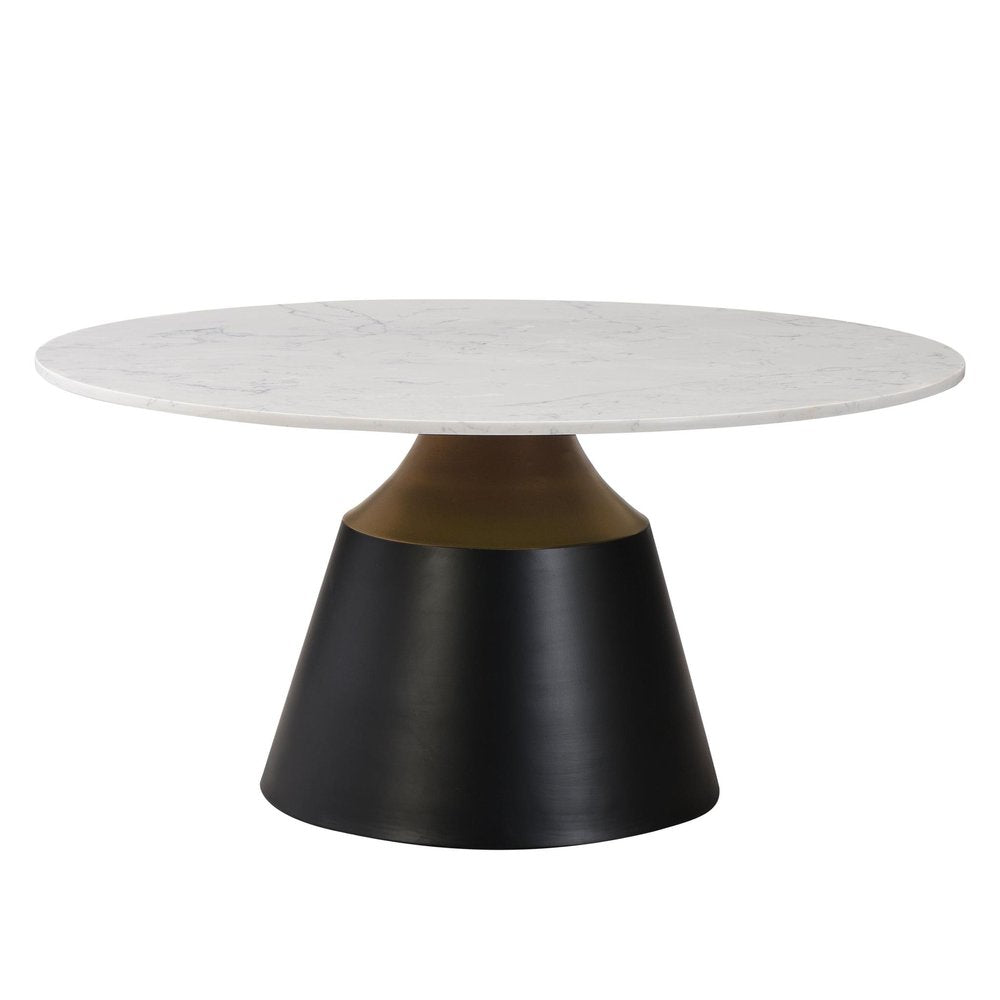 35" White Black and Gold Faux Marble and Steel Round Pedestal Coffee Table HomeRoots