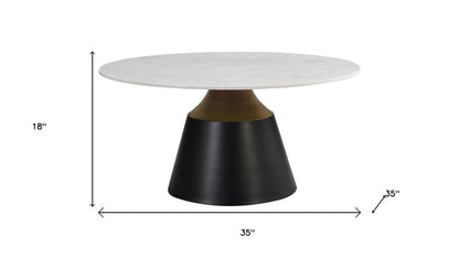 35" White Black and Gold Faux Marble and Steel Round Pedestal Coffee Table HomeRoots