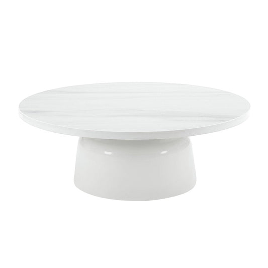 40" White Faux Marble and Wood Round Pedestal Coffee Table