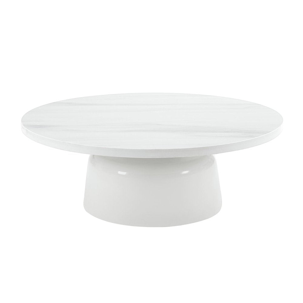 40" White Faux Marble and Wood Round Pedestal Coffee Table — view 1