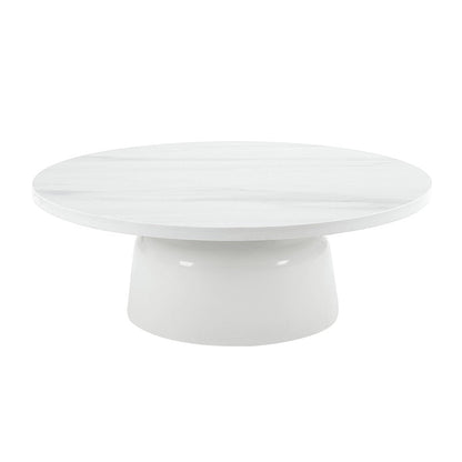 40" White Faux Marble and Wood Round Pedestal Coffee Table