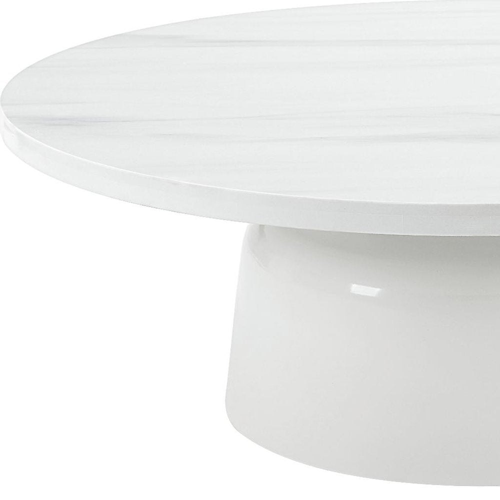 40" White Faux Marble and Wood Round Pedestal Coffee Table — view 4