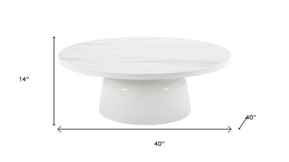 40" White Faux Marble and Wood Round Pedestal Coffee Table HomeRoots
