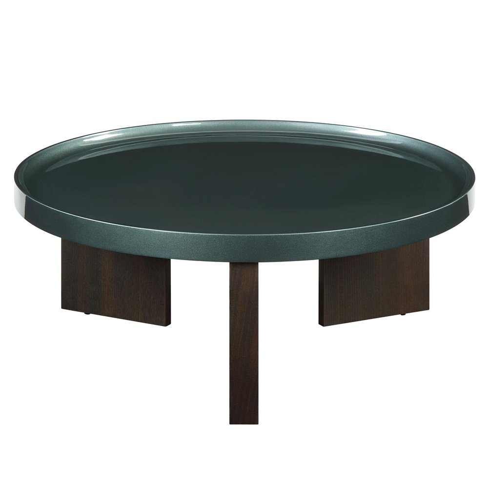 35" Dark Green and Oak Wood Round Coffee Table