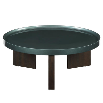 35" Dark Green and Oak Wood Round Coffee Table