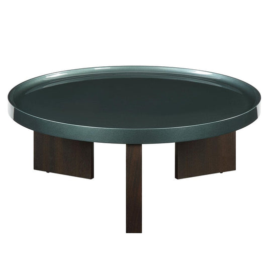 35" Dark Green and Oak Wood Round Coffee Table