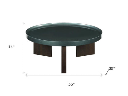 35" Dark Green and Oak Wood Round Coffee Table HomeRoots