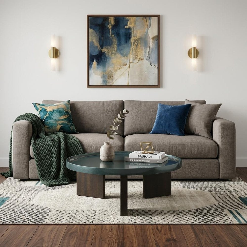 35" Dark Green and Oak Wood Round Coffee Table
