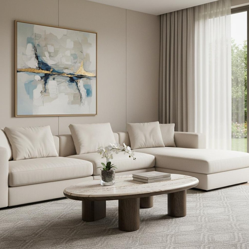 47" Natural and Brown Genuine Marble and Wood Oval Coffee Table HomeRoots