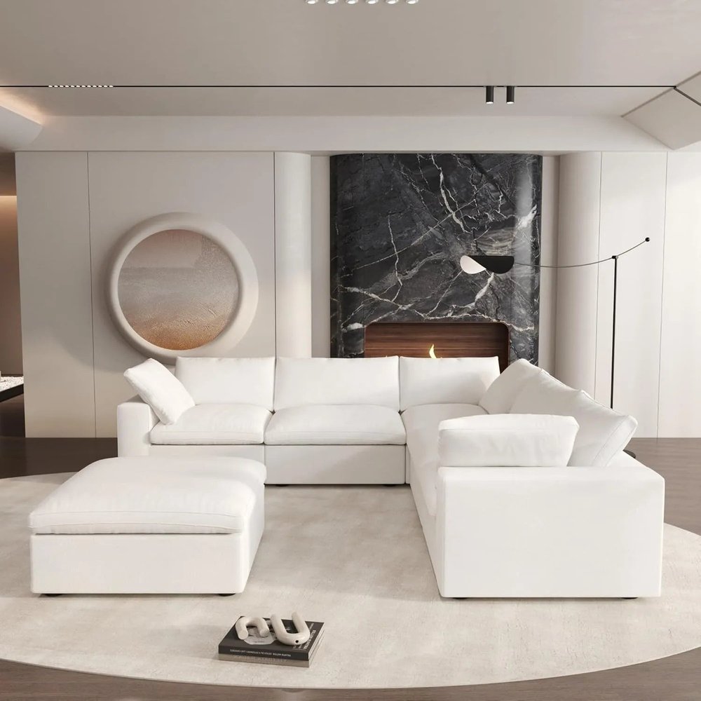 White Linen Blend Modular L Shaped Six Piece Corner Sectional HomeRoots