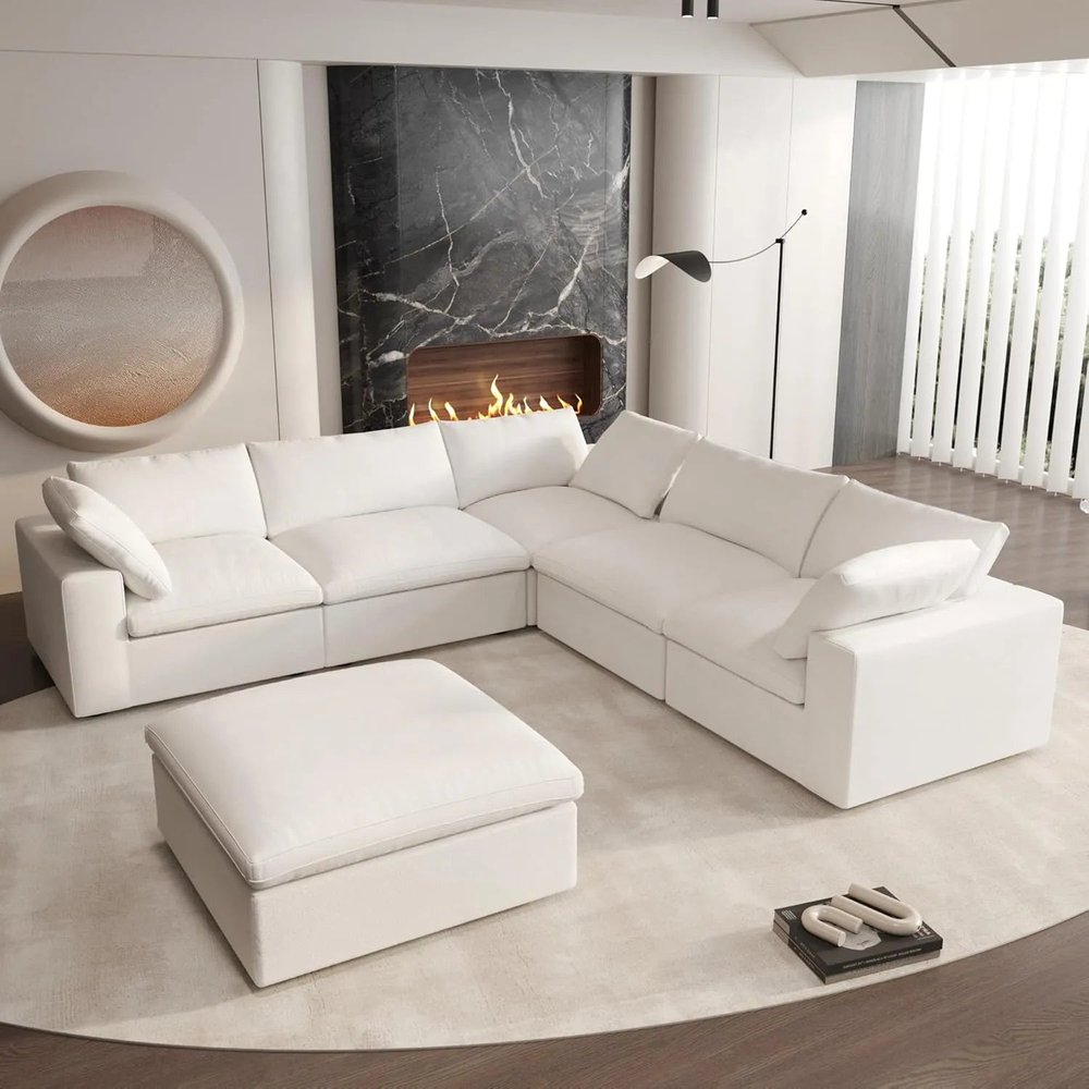 White Linen Blend Modular L Shaped Six Piece Corner Sectional HomeRoots