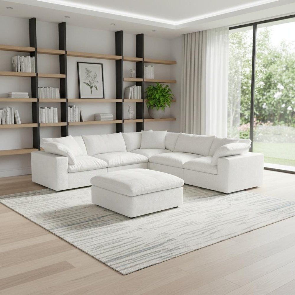 White Linen Blend Modular L Shaped Six Piece Corner Sectional With Ottoman HomeRoots