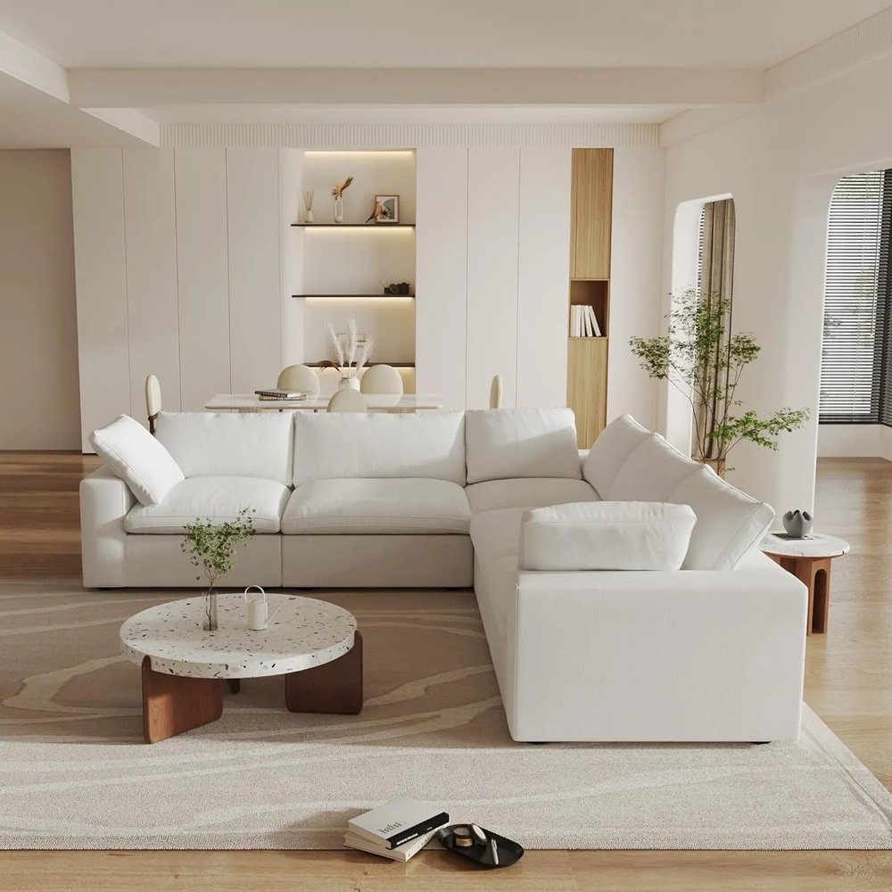 White Linen Blend Modular L Shaped Five Piece Corner Sectional HomeRoots