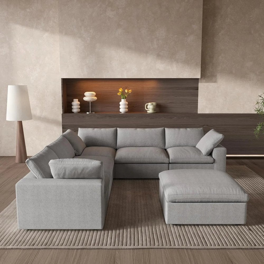 Light Gray Linen Blend Modular L Shaped Six Piece Corner Sectional HomeRoots