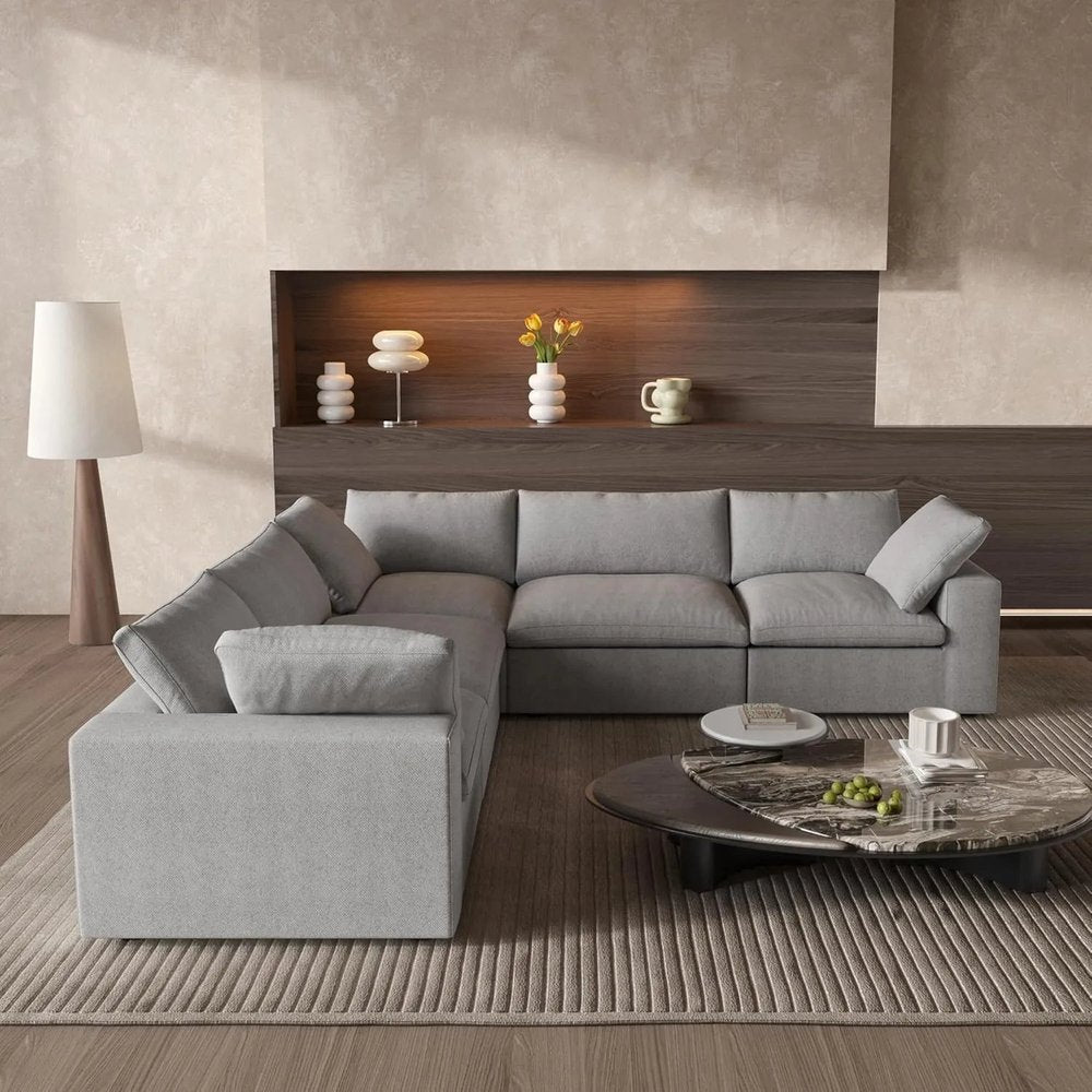 Light Gray Linen Blend Modular L Shaped Five Piece Corner Sectional HomeRoots