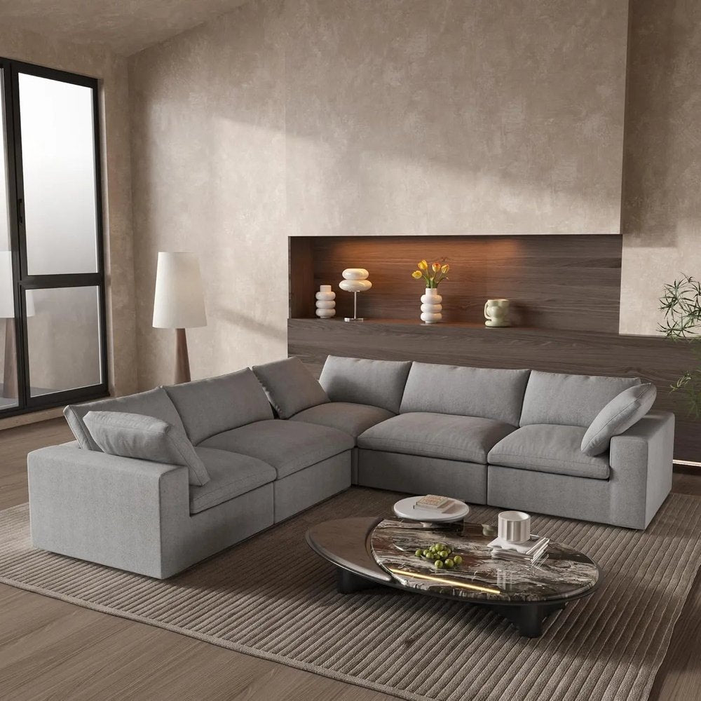 Light Gray Linen Blend Modular L Shaped Five Piece Corner Sectional HomeRoots
