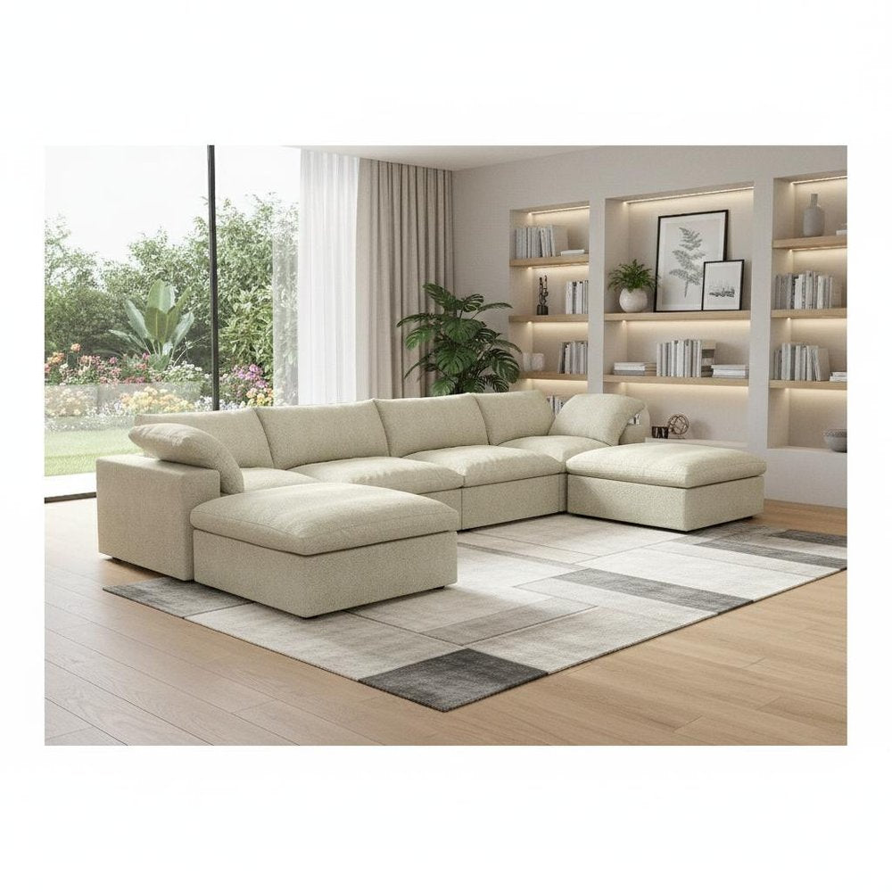 160" Khaki Linen Blend Modular Universal Sofa With Ottoman And Storage HomeRoots