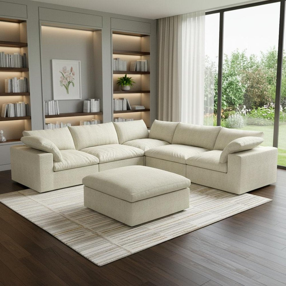 Khaki Linen Blend Modular L Shaped Six Piece Sofa and Chaise Sectional With Ottoman HomeRoots