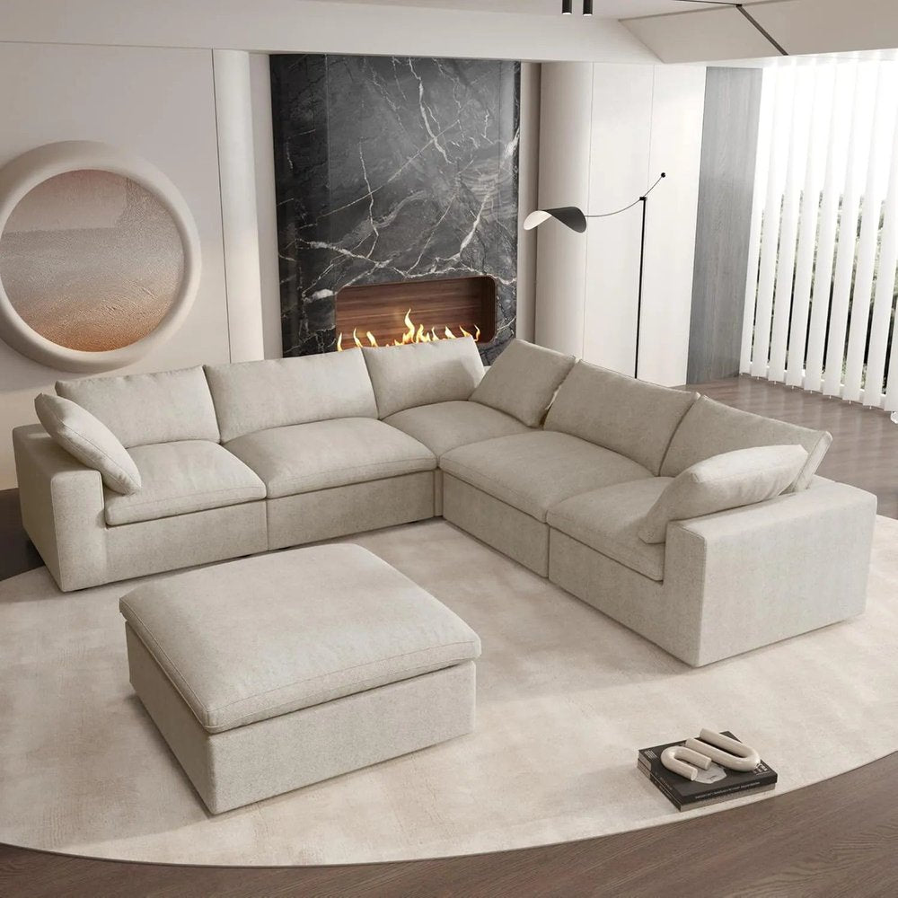 Khaki Linen Blend Modular L Shaped Six Piece Sofa and Chaise Sectional HomeRoots