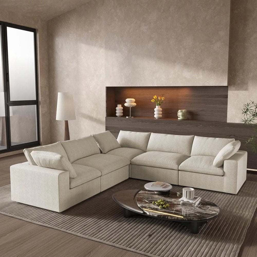 Khaki Linen Blend L Shaped Five Piece Corner Sectional HomeRoots