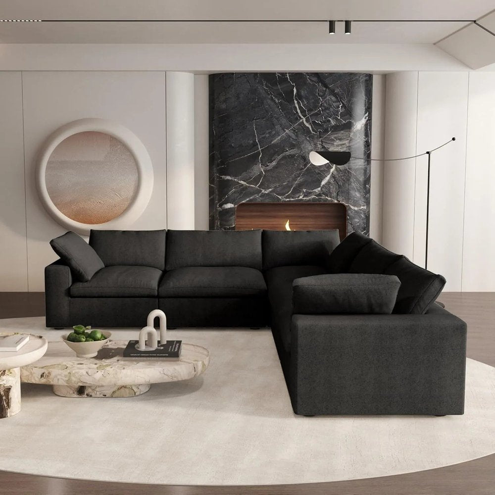 Black Linen Blend Modular L Shaped Five Piece Corner Sectional HomeRoots